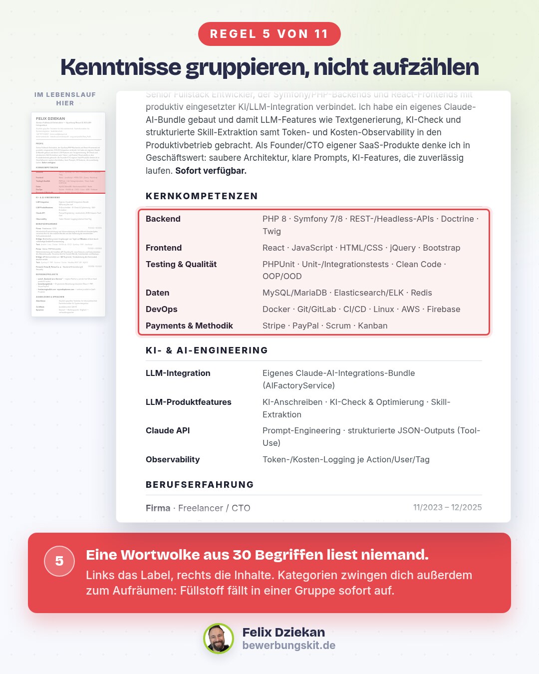 Lebenslauf mit rot markierter, in Kategorien gruppierter Kompetenzliste