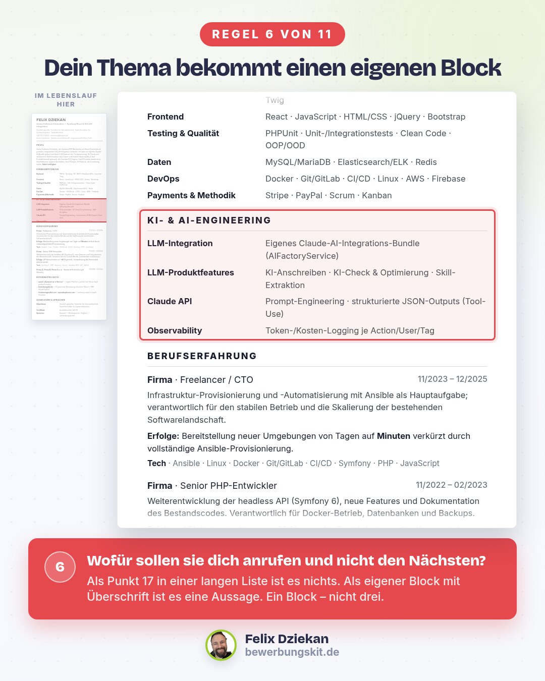 Lebenslauf mit rot markiertem eigenem Block für das Spezialthema