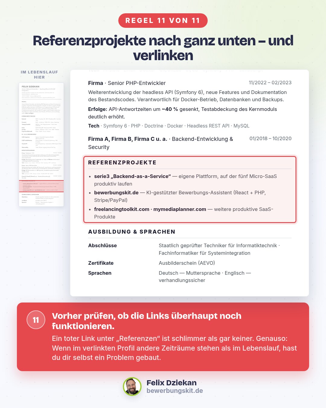 Lebenslauf mit rot markiertem Referenzprojekte-Block ganz unten mit verlinkten Belegen