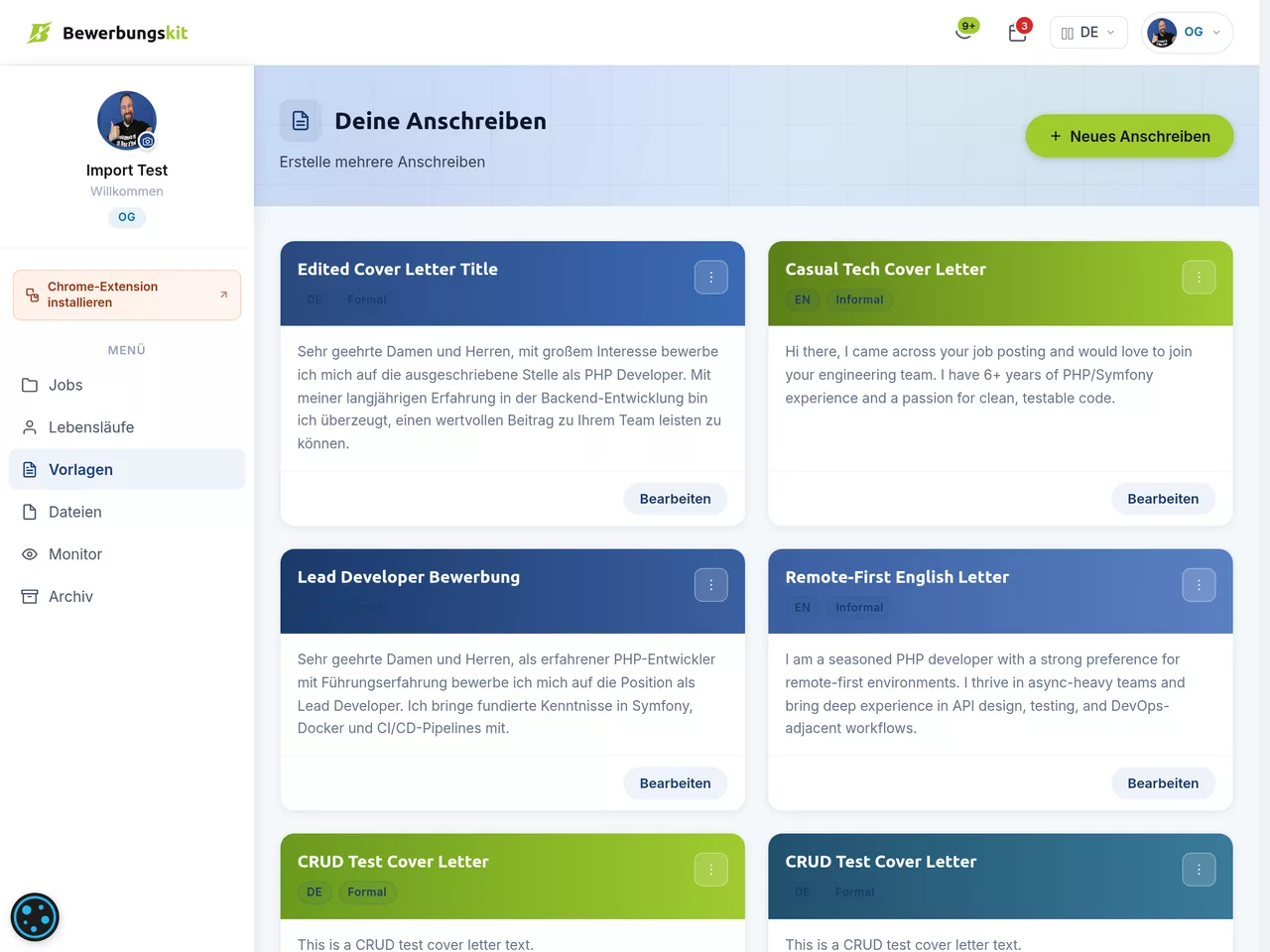 Anschreiben-Assistent – Funktionen