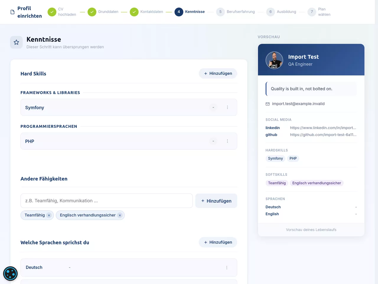 Lebenslauf-Builder – Funktionen